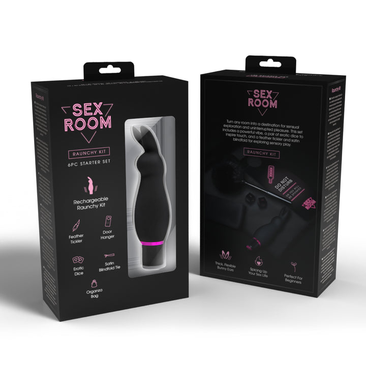 Set Erotico 'Sex Room Raunchy Kit': Incluso un Avanzato Stimolatore Clitorideo con 10 Modalità di Vibrazione, Ricaricabile via USB, Accompagnato da un Sensuale Piumino, Dadi Erotici per Giochi di Coppia e una Elegante Benda in Raso